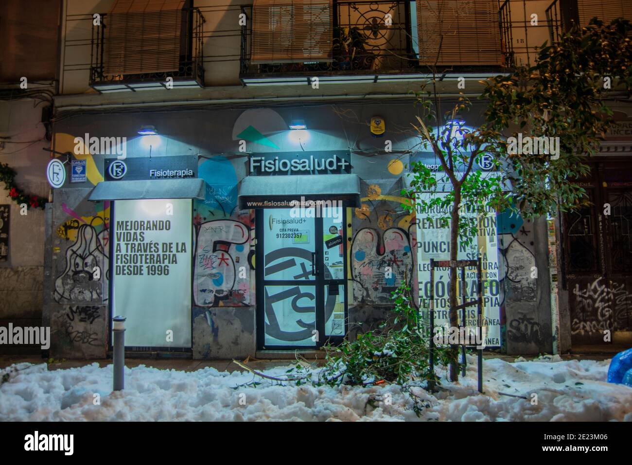 More than 150,000 trees could be affected by the storm. Also hundreds of wrecked vehicles on the streets of Madrid. The snow is still accumulated on t Stock Photo