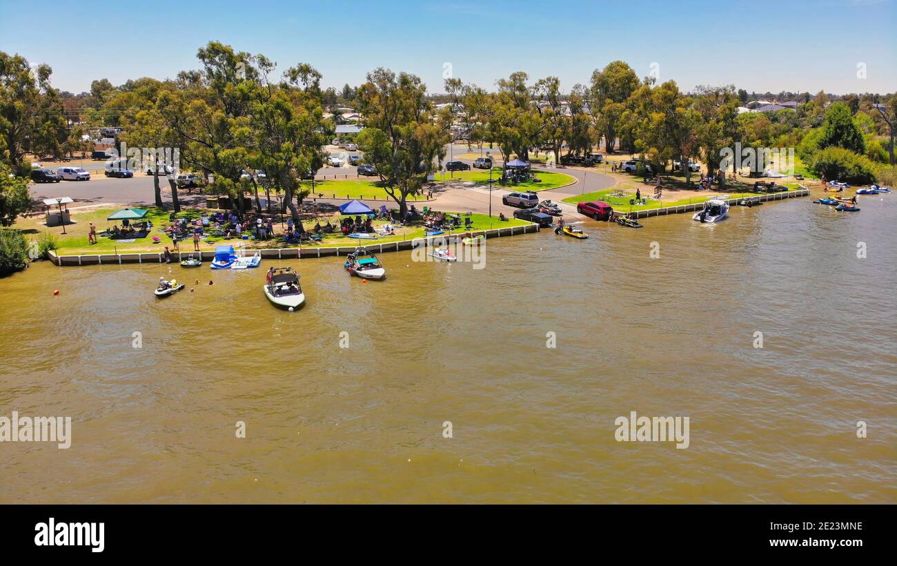 Mulwala, New South Wales Australia - December 29 2020: Aerial shot of a boat launching ramp at Lake Mulwala Stock Photo