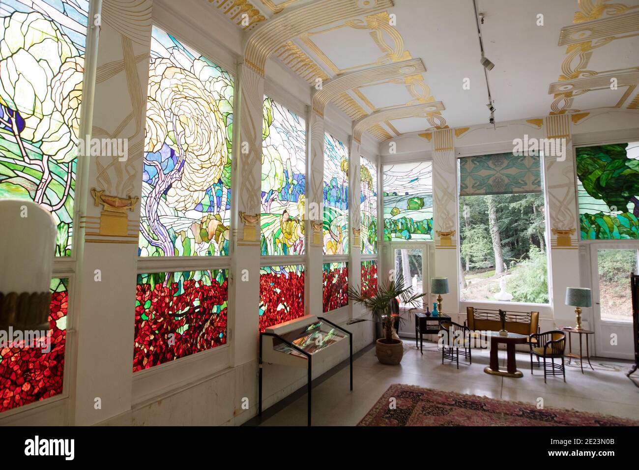 The Adolf Böhm parlor with 1895 Jugendstil stained glass windows in the first Otto Wagner villa, now the Ernst Fuchs Museum in Vienna, Austria. Stock Photo