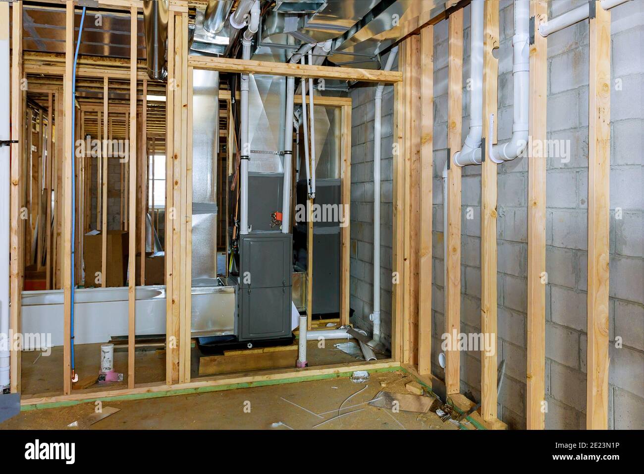 Bathroom shower under plumbing connecting heating system installation ...