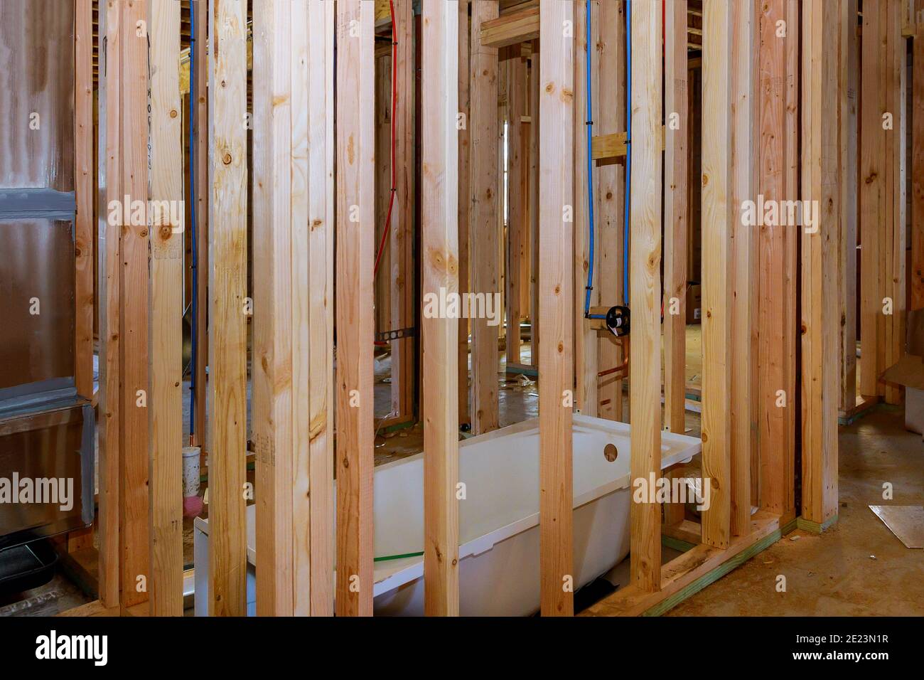 Unfinished of bathroom installation of bathtub in new home with new