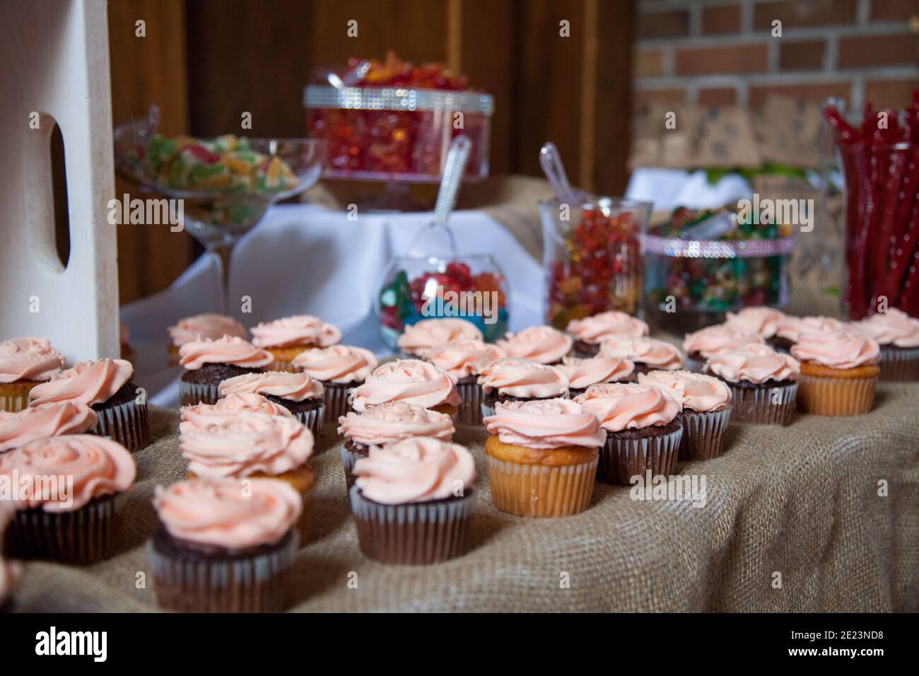Pink frosted vanilla and chocolate cupcakes sit on a table cloth of burlap with other candies in the background as a dessert table for a wedding. Stock Photo
