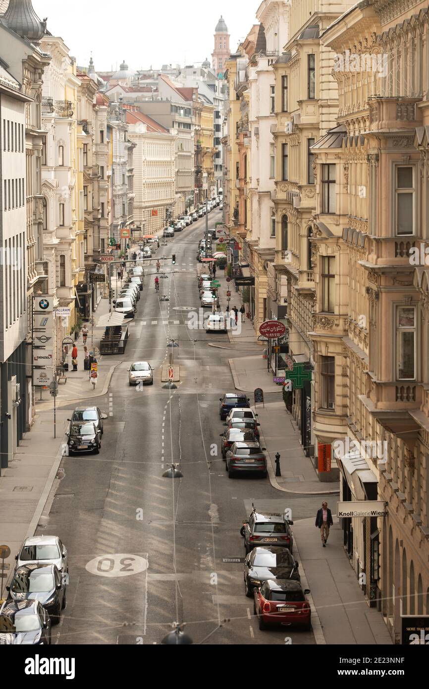 A view looking southwest on Gumpendorfer Strasse in the Mariahilf district of Vienna, Austria. Stock Photo