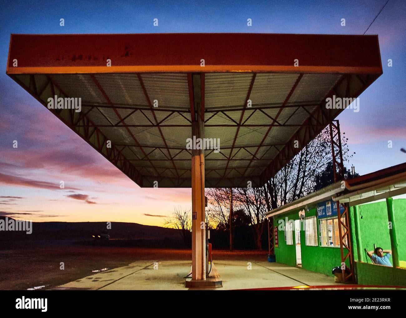 Gas station at sunset in the evening Stock Photo
