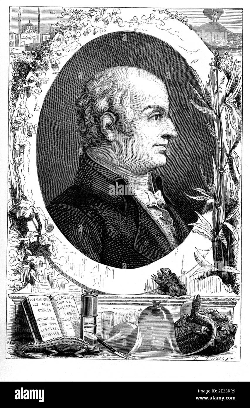 1780 ca , ITALY : The celebrated Italian Jesuit priest , biologist and physiologyst LAZZARO SPALLANZANI ( 1729 - 1799 ), engraving from  french artist T. Dumont ,pubblished in France , XIX century  .- PROFESSOR - PROFESSORE   - foto storiche - foto storica  - scienziato - scientist  - BIOLOGO - BIOLOGISTT - BIOLOGIA - BIOLOGY   - DOTTORE - MEDICO - MEDICINA - medicine  - SCIENZA - SCIENCE - incisione - illustrazione - illustration - FISIOLOGIA - FISIOLOGO - batteriologo - batteriologia ---  Archivio GBB Stock Photo