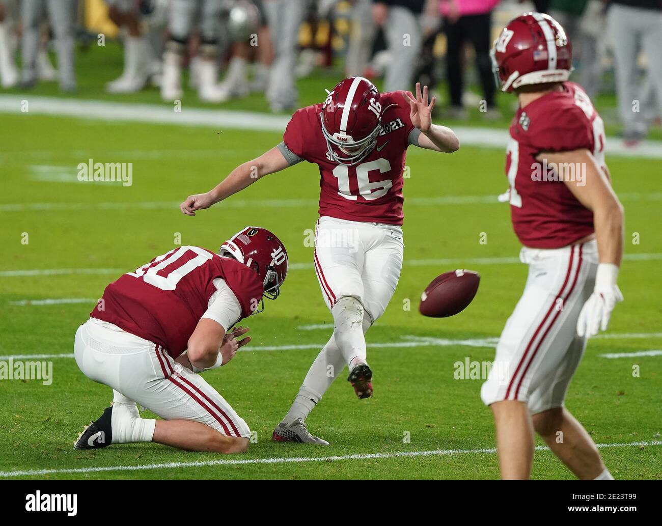 Miami, United States. 11th Jan, 2021. Alabama Crimson Tide quarterback Jayden George (16) kicks an extra point against the Ohio State Buckeyes during the 2021 NCAA National Championship football game, in Miami on Monday, January 11, 2021. Photo by Hans Deryk/UPI Credit: UPI/Alamy Live News Stock Photo