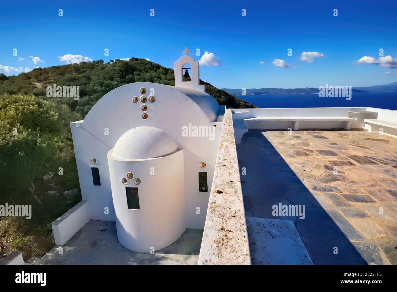 traditional white island church, located on the island of Skiathos in Greece. Saint Alexander. Stock Photo