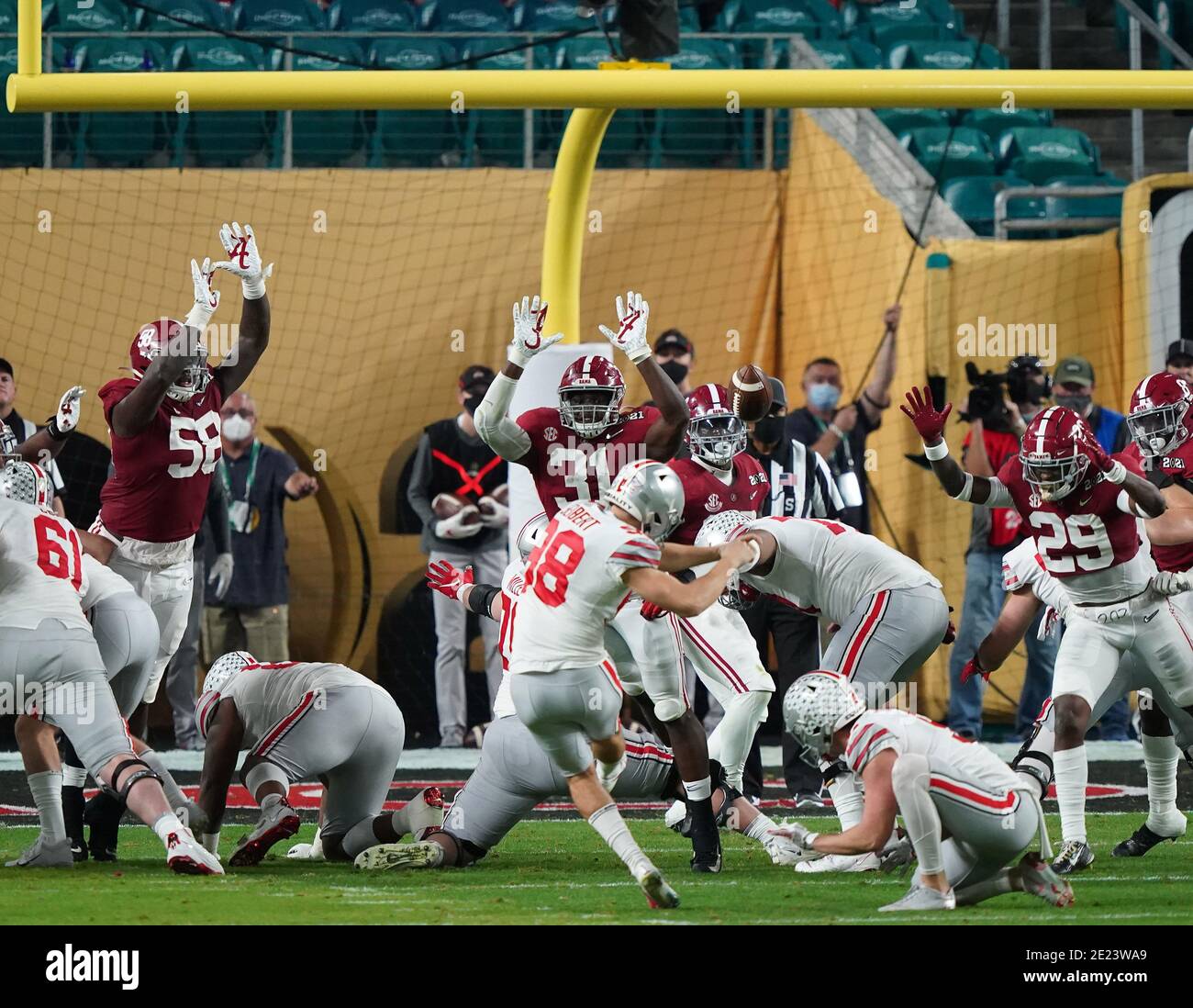 Miami, United States. 11th Jan, 2021. Ohio State Buckeyes' Jake Seibert (98) kicks a 23-yard field goal against the Alabama Crimson Tide during the 2021 NCAA National Championship football game, in Miami on Monday, January 11, 2021. Photo by Hans Deryk/UPI Credit: UPI/Alamy Live News Stock Photo