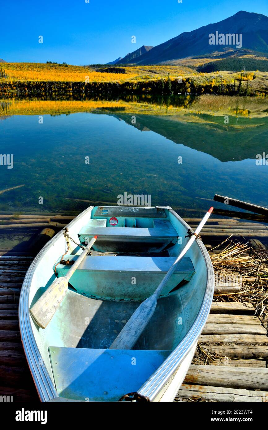 A row boat for rent on the boat launch on Talbot lake in Jasper National Park Alberta Canada Stock Photo