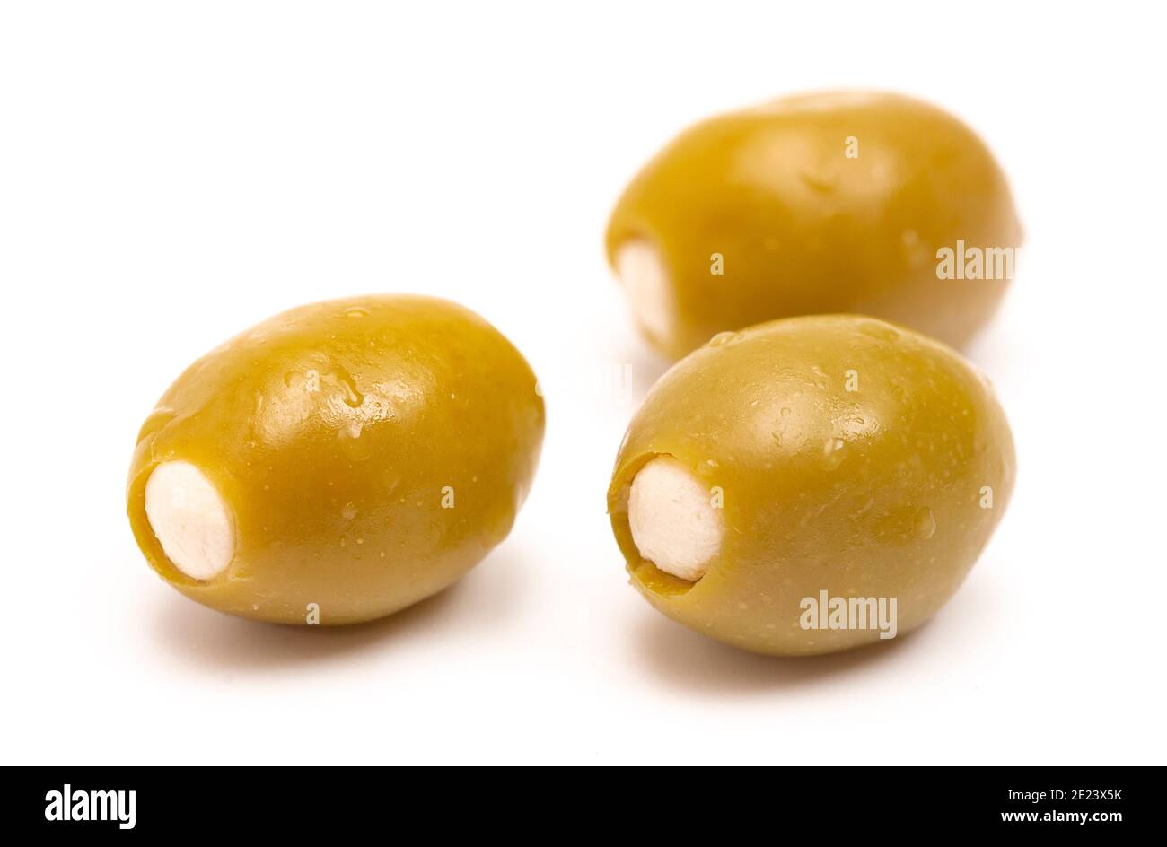 Green Olives Stuffed with Cheese Isolated on a White Background Stock