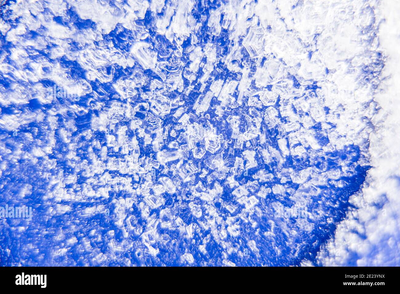 Macro close up of ice crystals on a blue background. 3d visual depth. Color abstract grunge background. Colorful small squares. Futuristic backdrop, modern banner, stylish wallpaper. Design pattern shape. High quality photo Stock Photo