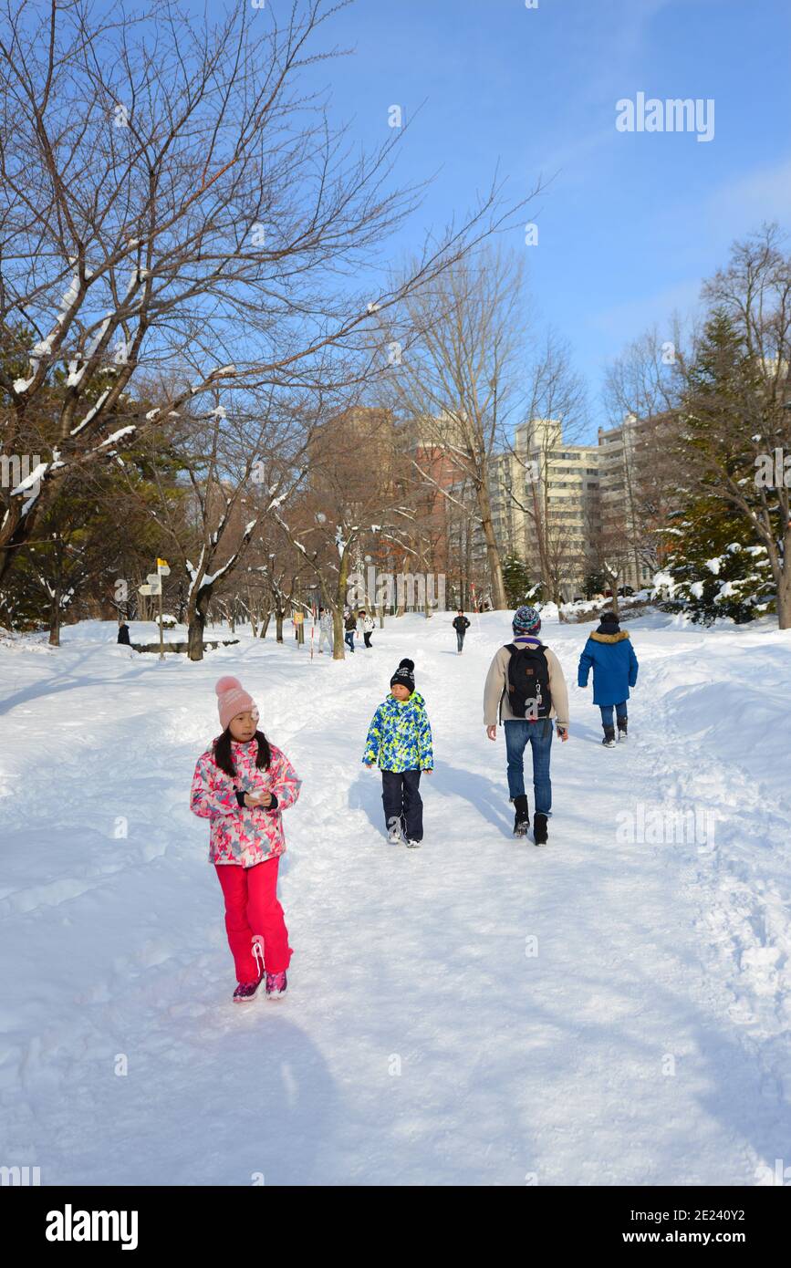 Chinese tourist practicing crosscountry ski in Nakajima Park in