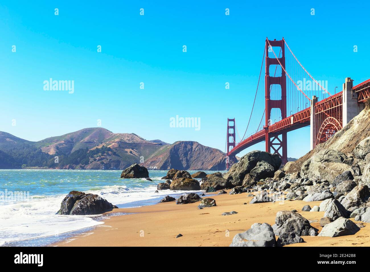 View of Golden Gate Bridge from Bakery beach, San Francisco, California, USA Stock Photo