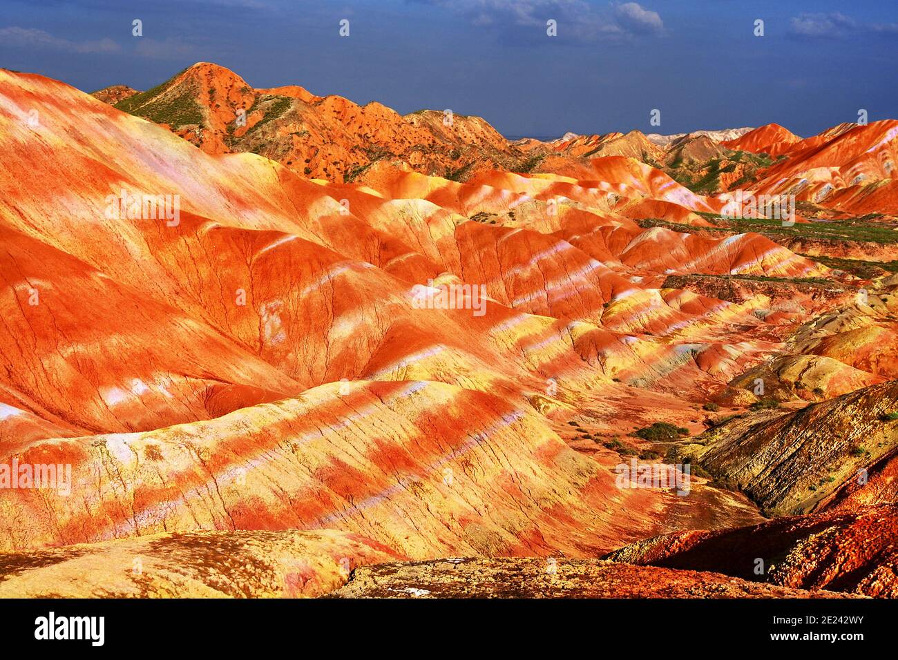 The Rainbow Mountains of China within the Zhangye Danxia Landform Geological Park are a geological wonder of the world. Stock Photo