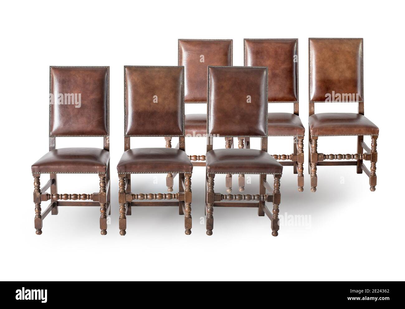 Set of old fashioned wood chairs on the white background Stock Photo