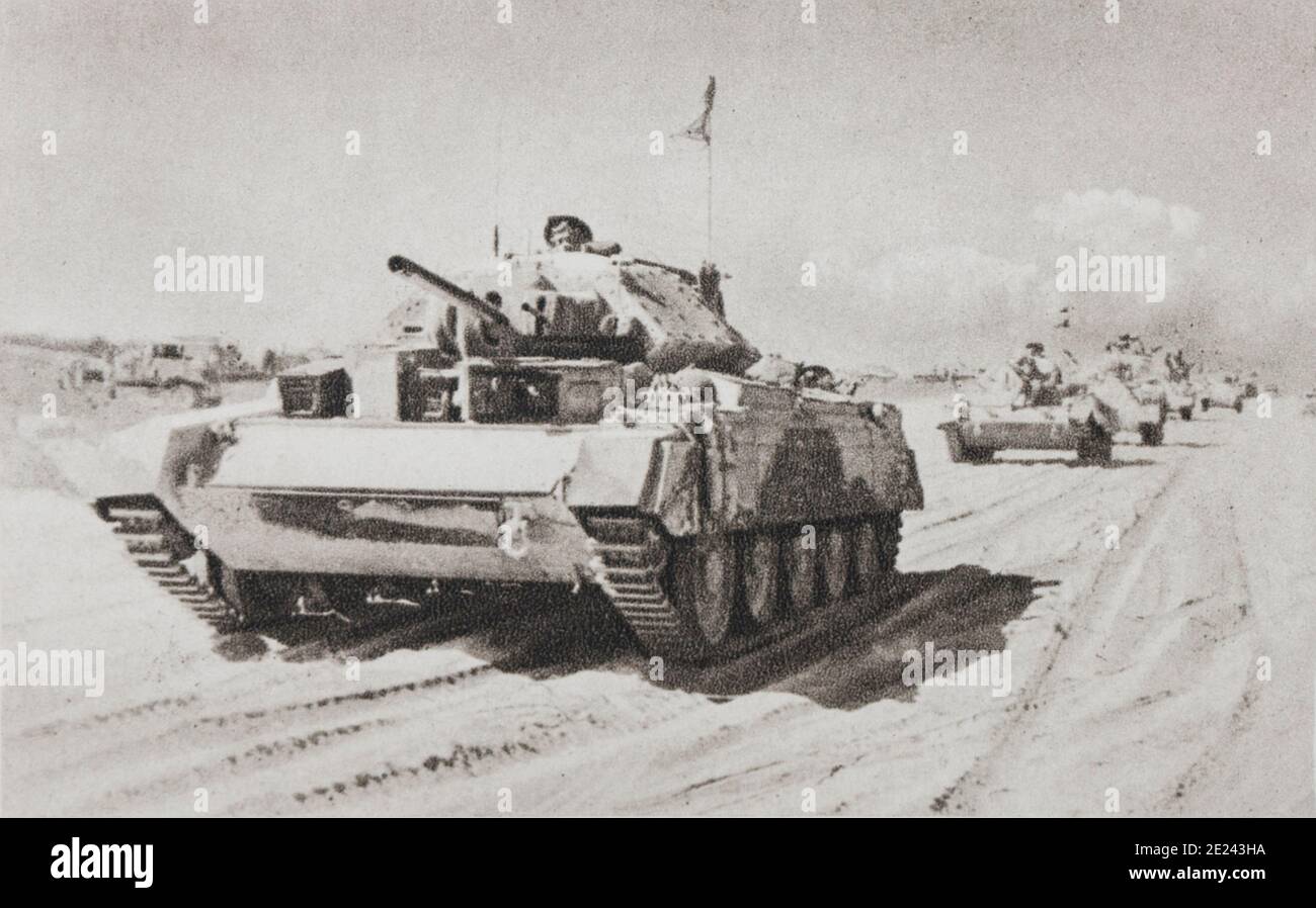WWII period, Egypt. The superiority of the material blends is evident. The tanks of the British Army are pushing a pin of recognition. Stock Photo