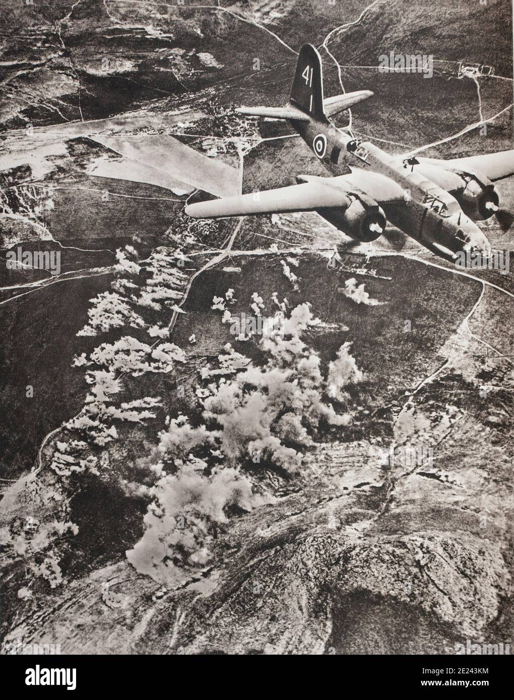 The British air force, the main weapon on the desert front. A R. A. F. Boston bomber attacks German gas depots and tank columns to prepare the march t Stock Photo