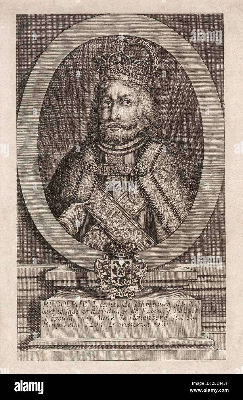 Engraving of Rudolf I of Habsburg (1218 – 1291), was Count of Habsburg from about 1240 and elected King of Germany (King of the Romans) from 1273 unti Stock Photo