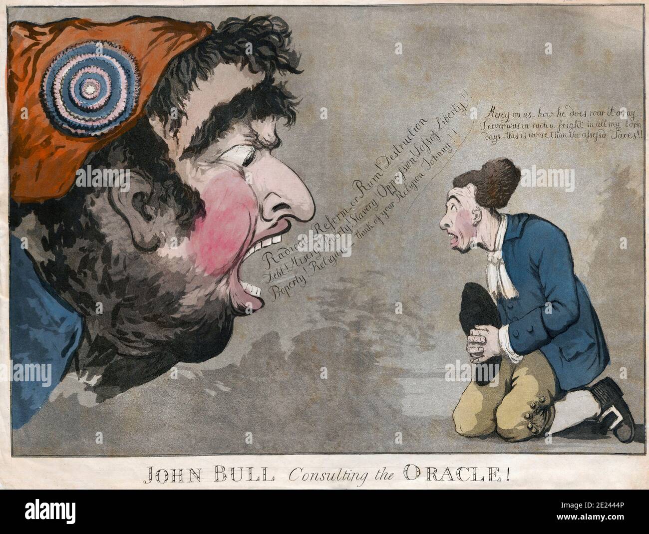 John Bull kneels on the left, looking terrified at a monstrous head, which roars at him. The head is that of Charles James Fox, caricatured, with exag Stock Photo