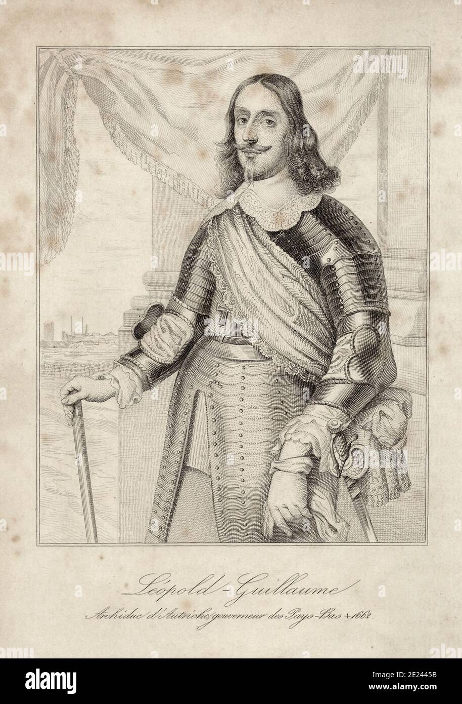 Engraving of Archduke Leopold Wilhelm of Austria (1614 – 1662) was an Austrian military commander, Governor of the Spanish Netherlands from 1647 to 16 Stock Photo