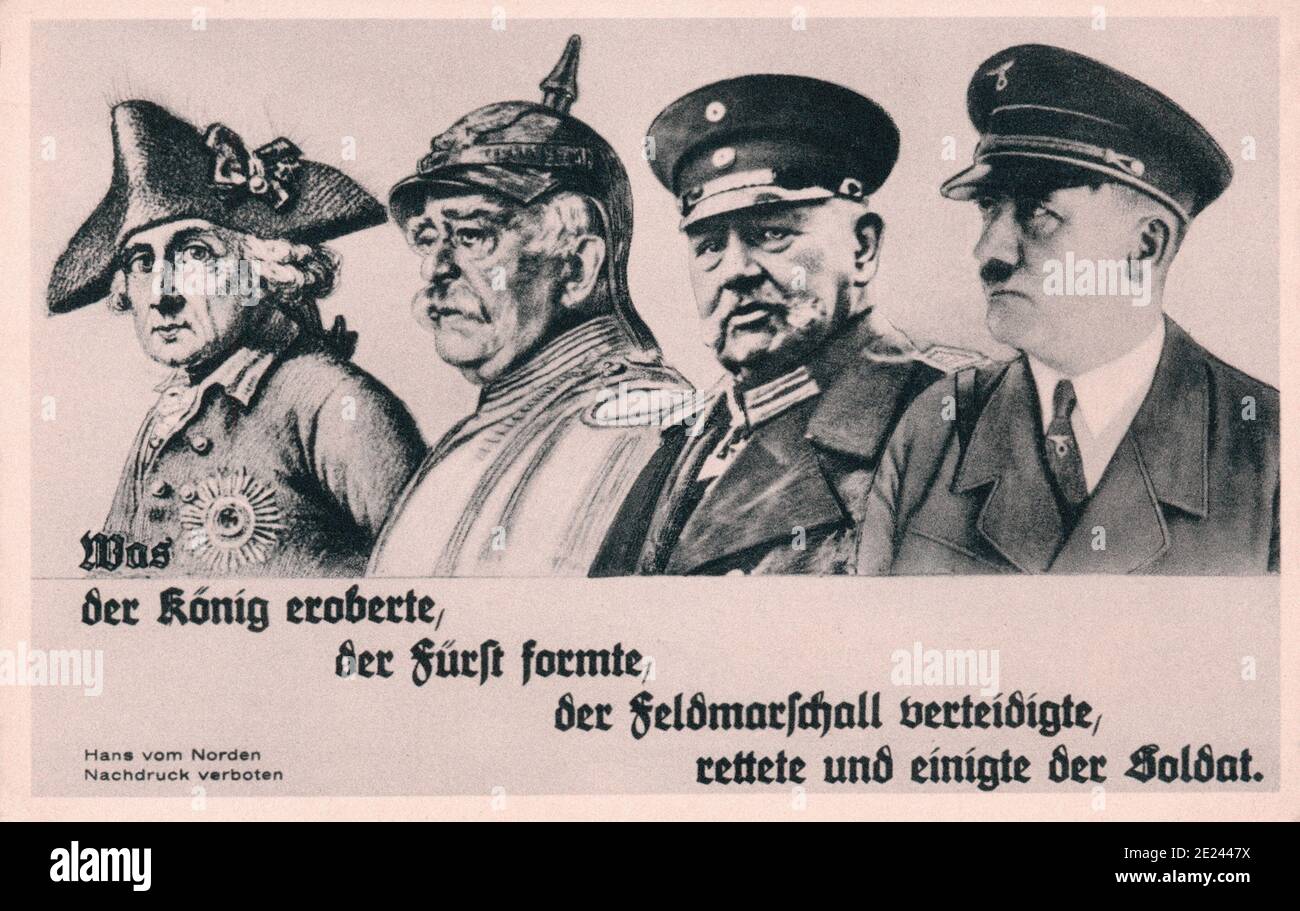 'What the King Conquered, the Prince Formed, the Field marshal Defended, the Soldier Saved and United.' Propaganda postcard with picture Friedrich the Stock Photo