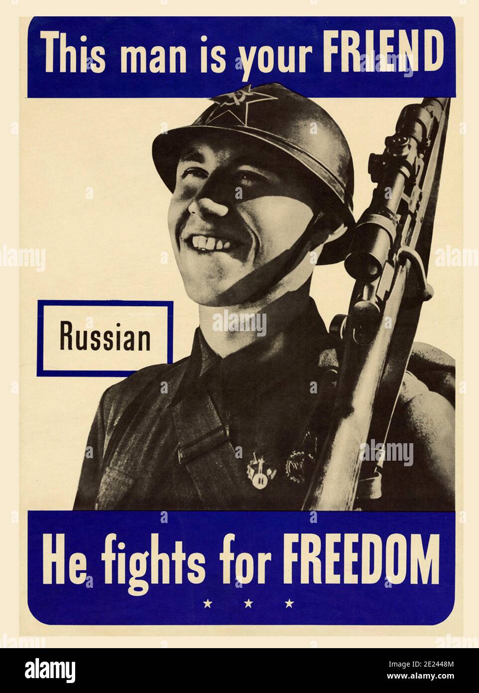American a propaganda poster calling for support for America's allies.  Russians. This man is your Friend. USA. 1942 Stock Photo