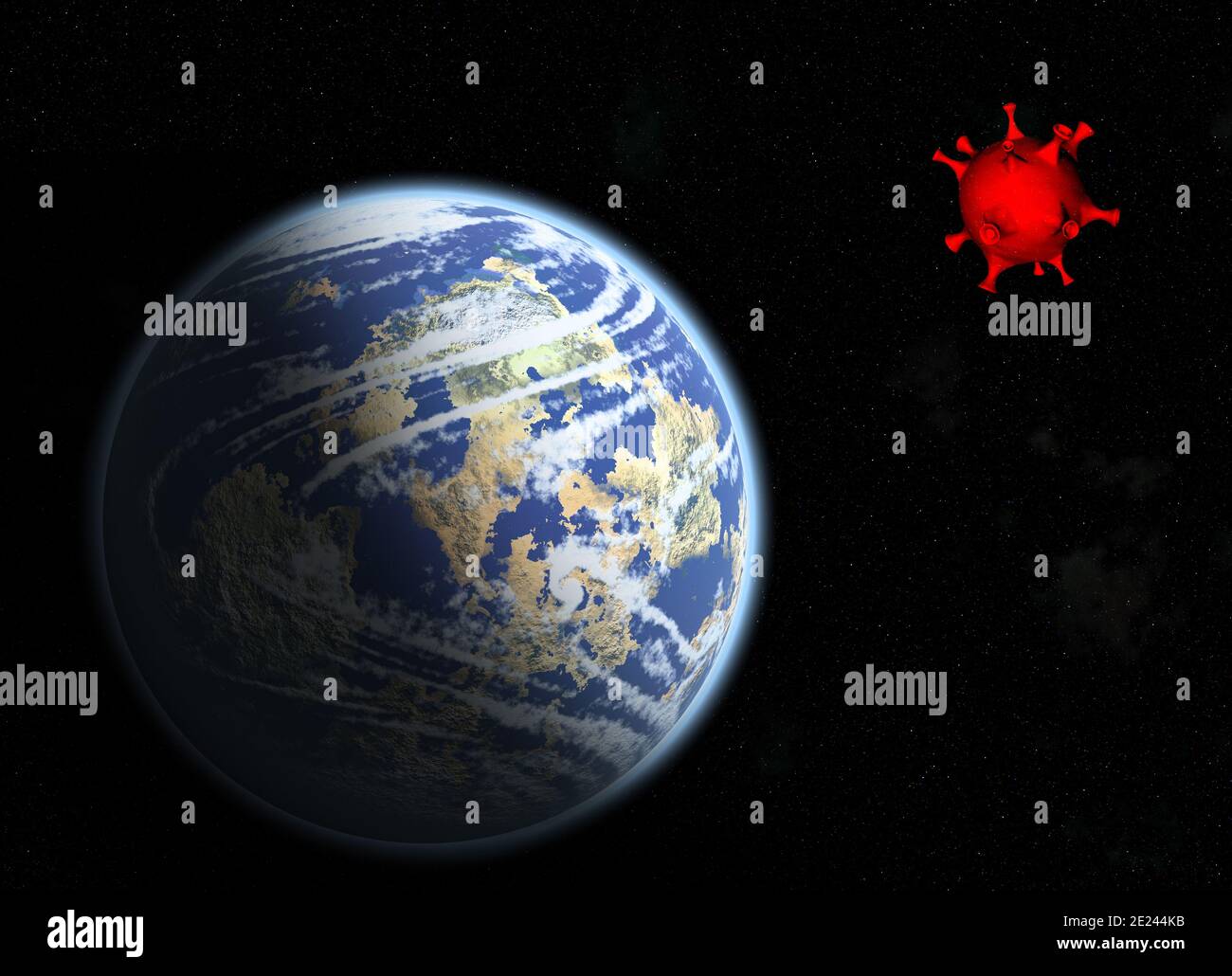 3D illustration of a red virus penetrating the earth isolated on dark ...