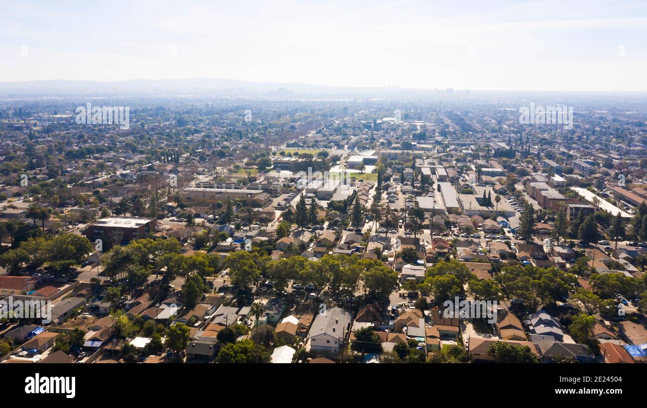 Sunset aerial view of the downtown skyline of Santa Ana, California, USA. Stock Photo