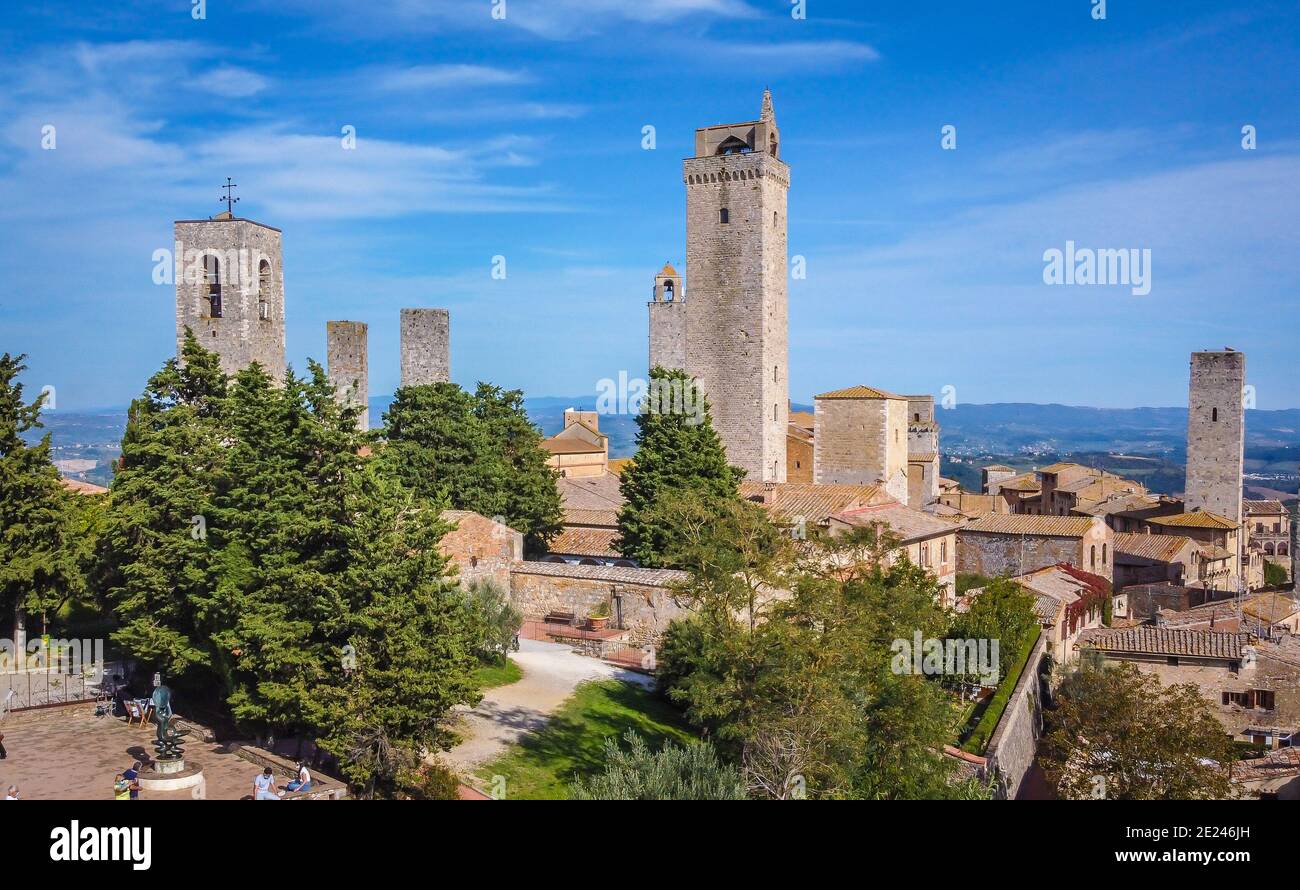 aerial view of the ancient etruscan village of San Gimignano in the ...