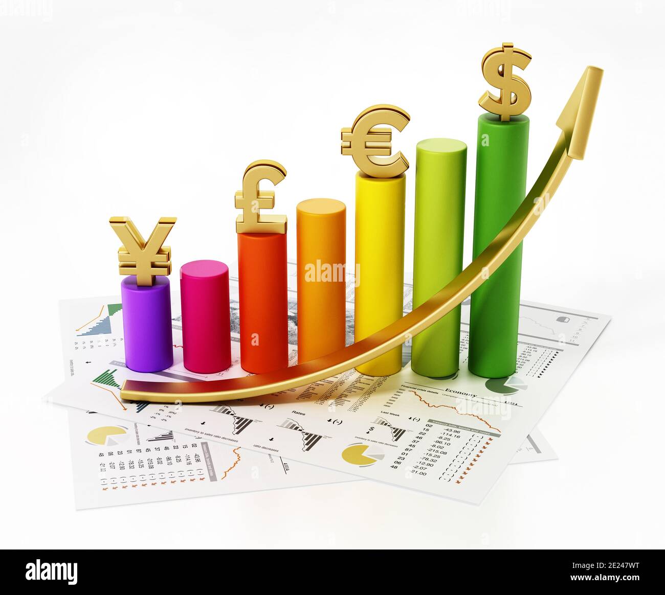 Rising arrow and chart with dollar, euro, pound and yen symbols. 3D  illustration Stock Photo - Alamy