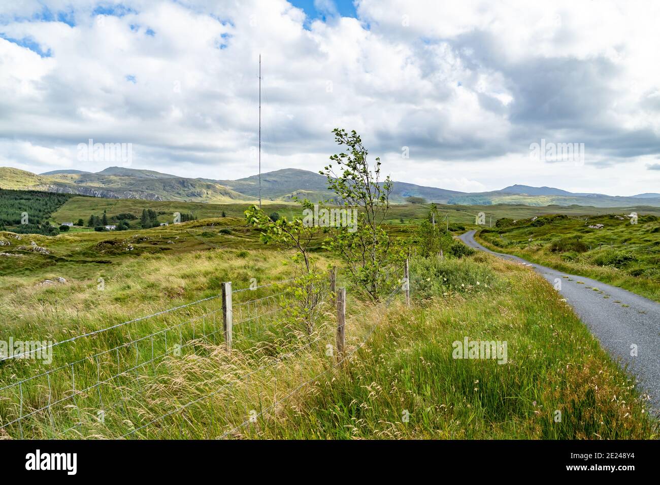 Street view of transmitter tower on an agricultural field in the irish