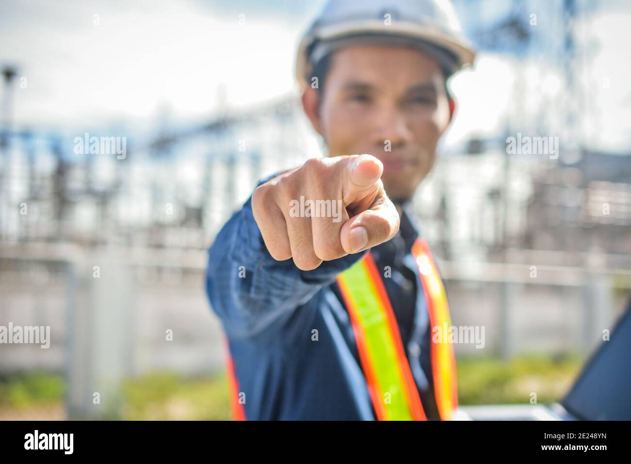 Engineer success at high volte station Stock Photo