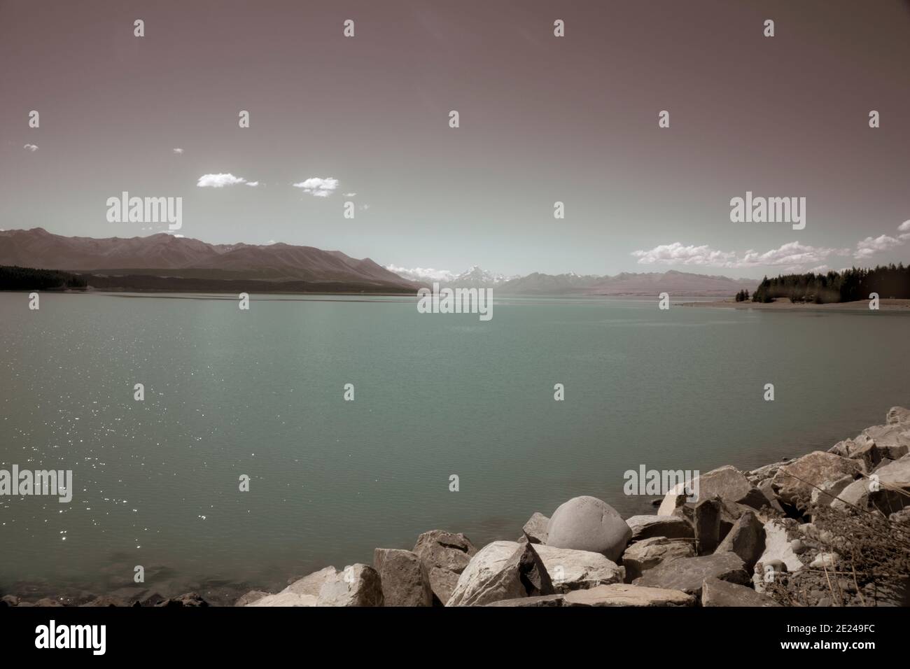 Retro style view of Lake Tekapo, New Zealand Stock Photo - Alamy