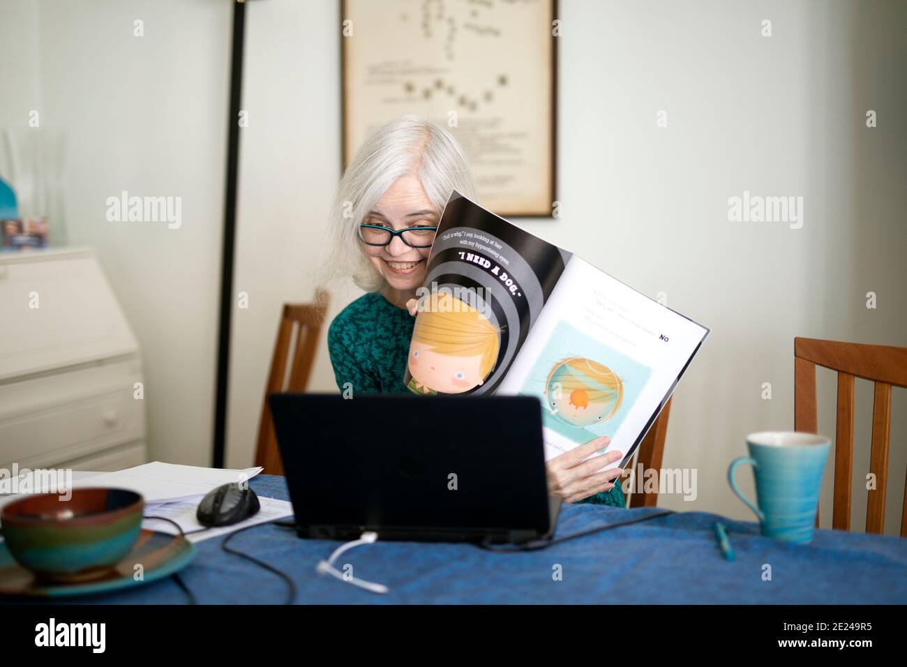 Woman using laptop at home Stock Photo