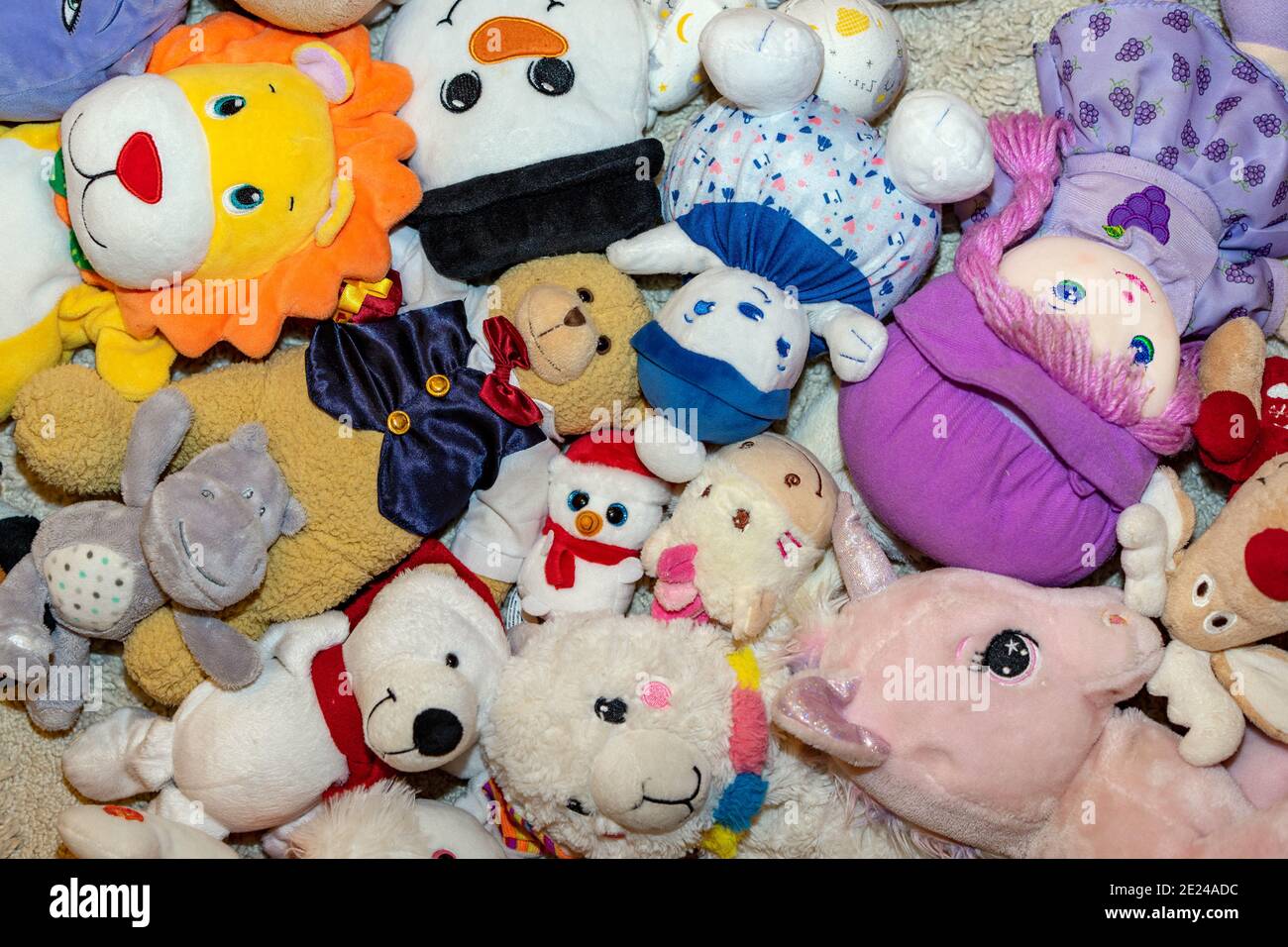 different kind of plush soft toys on the floor everywhere in a kid's room Stock Photo