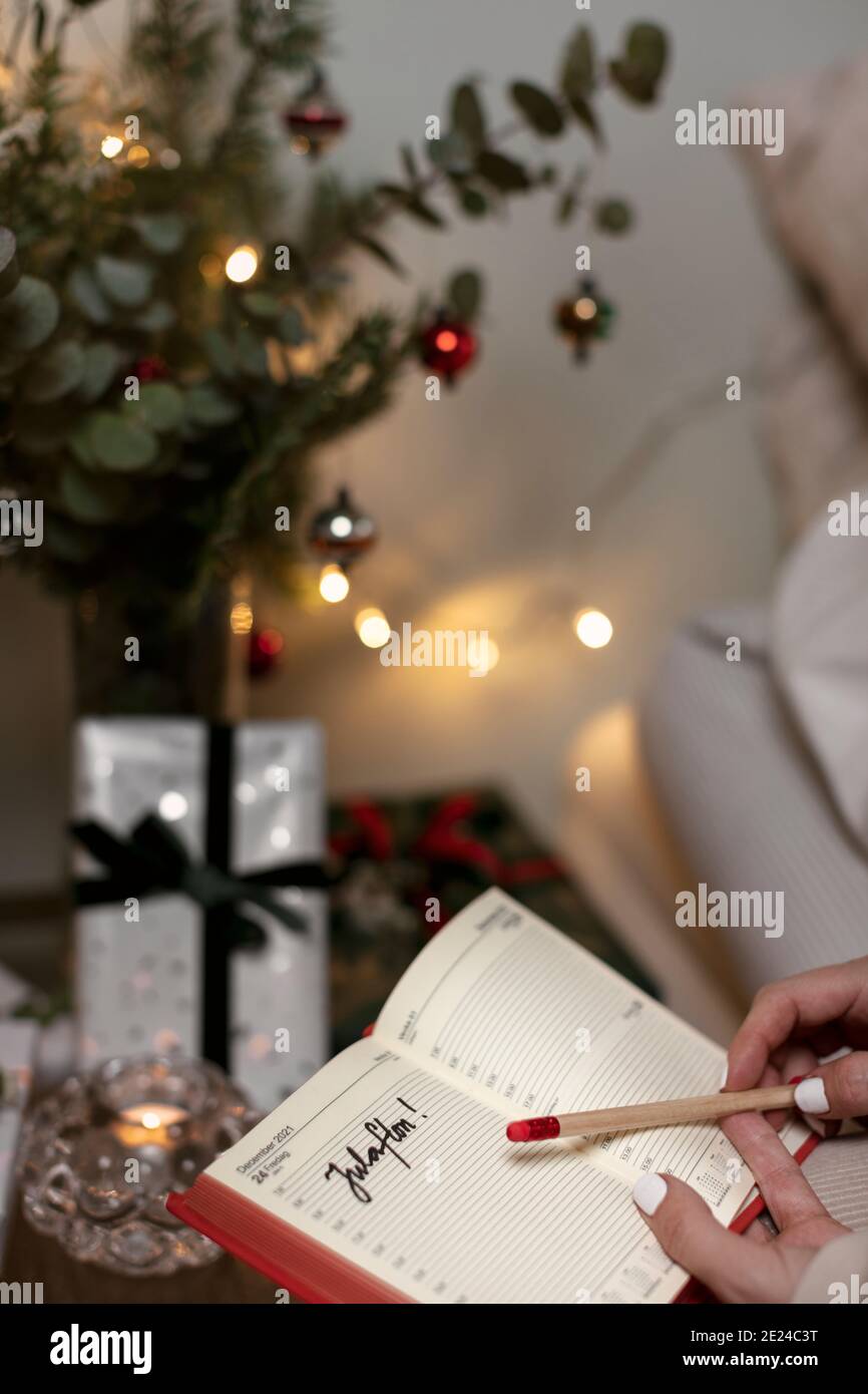 Womans hands holding diary Stock Photo