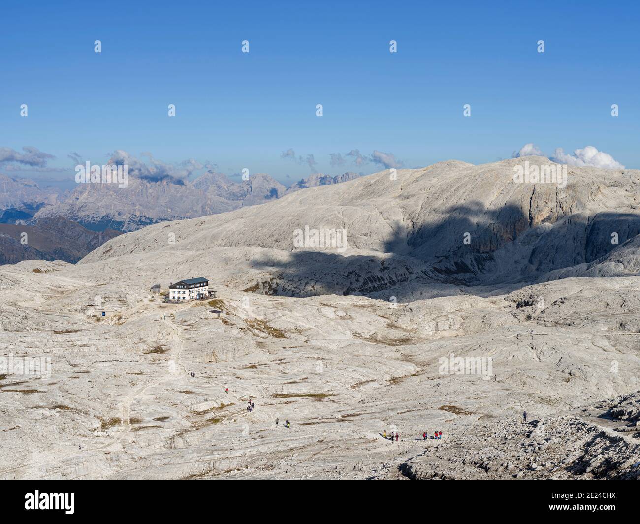 Mountain hut Rifugio Rosetta. The alpine plateau Altipiano delle Pale di San Martino in the Pala group in the dolomites of the Trentino. The Pala grou Stock Photo