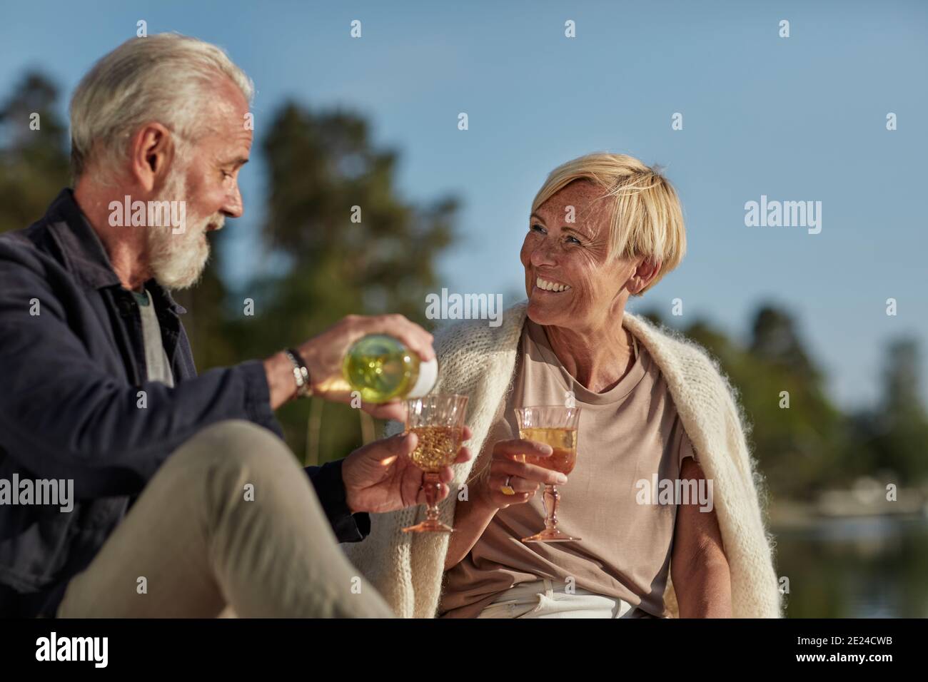 Smiling couple having wine Stock Photo