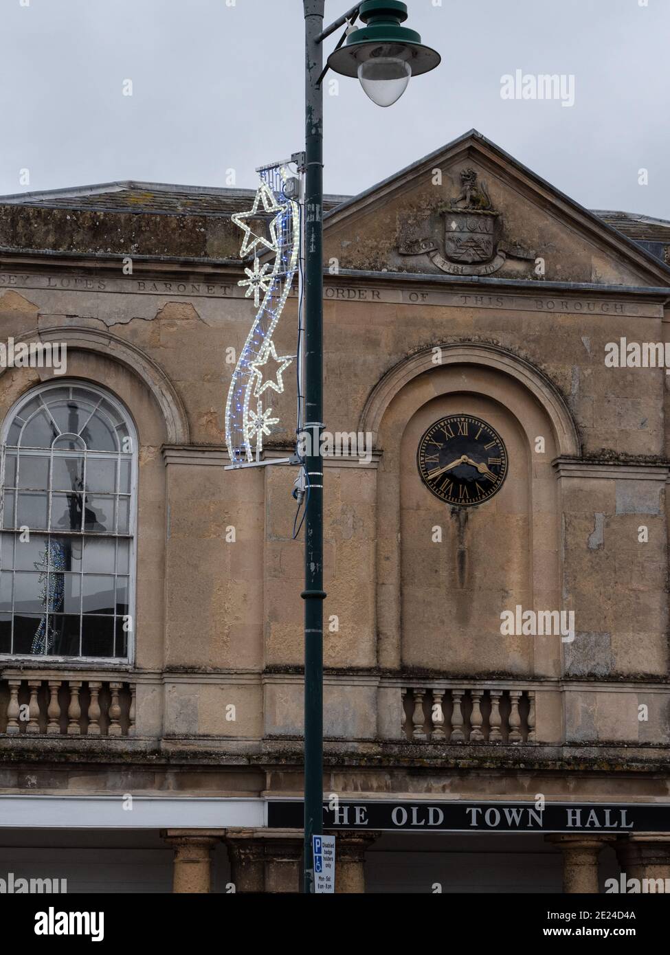 Christmas lights in Market Place by the Town Hall, Westbury, Wiltshire