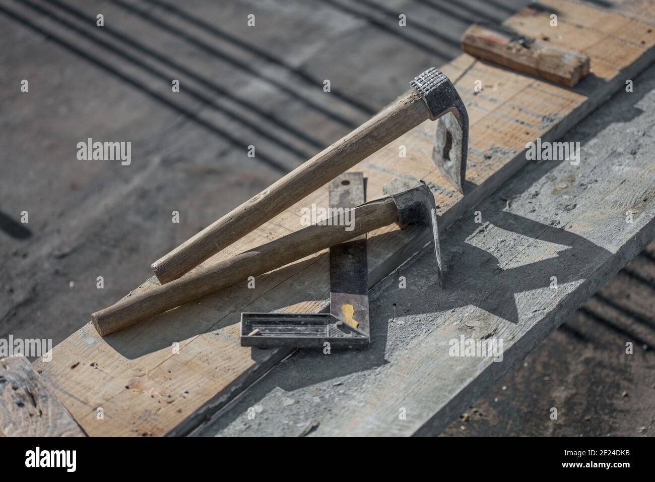 High angle shot of carpenter instruments at the construction sit Stock ...
