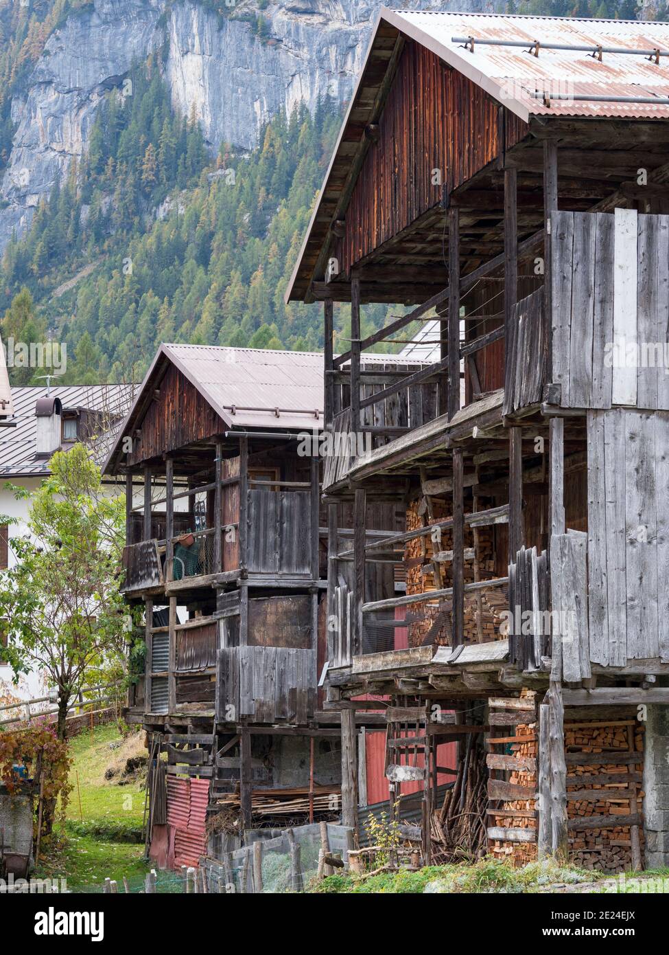 Typical barn called Tabia. Village Gares , traditional alpine architecture in valley Valle di Gares,  Pale di San Martino. Pala is part of the UNESCO Stock Photo