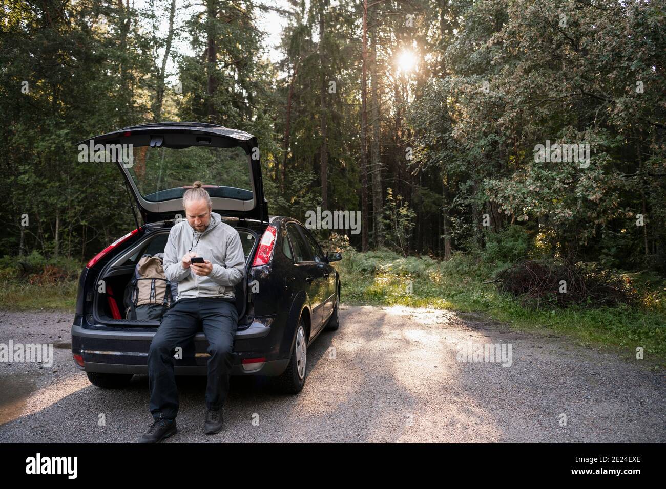 Man near parked car using cell phone Stock Photo Alamy