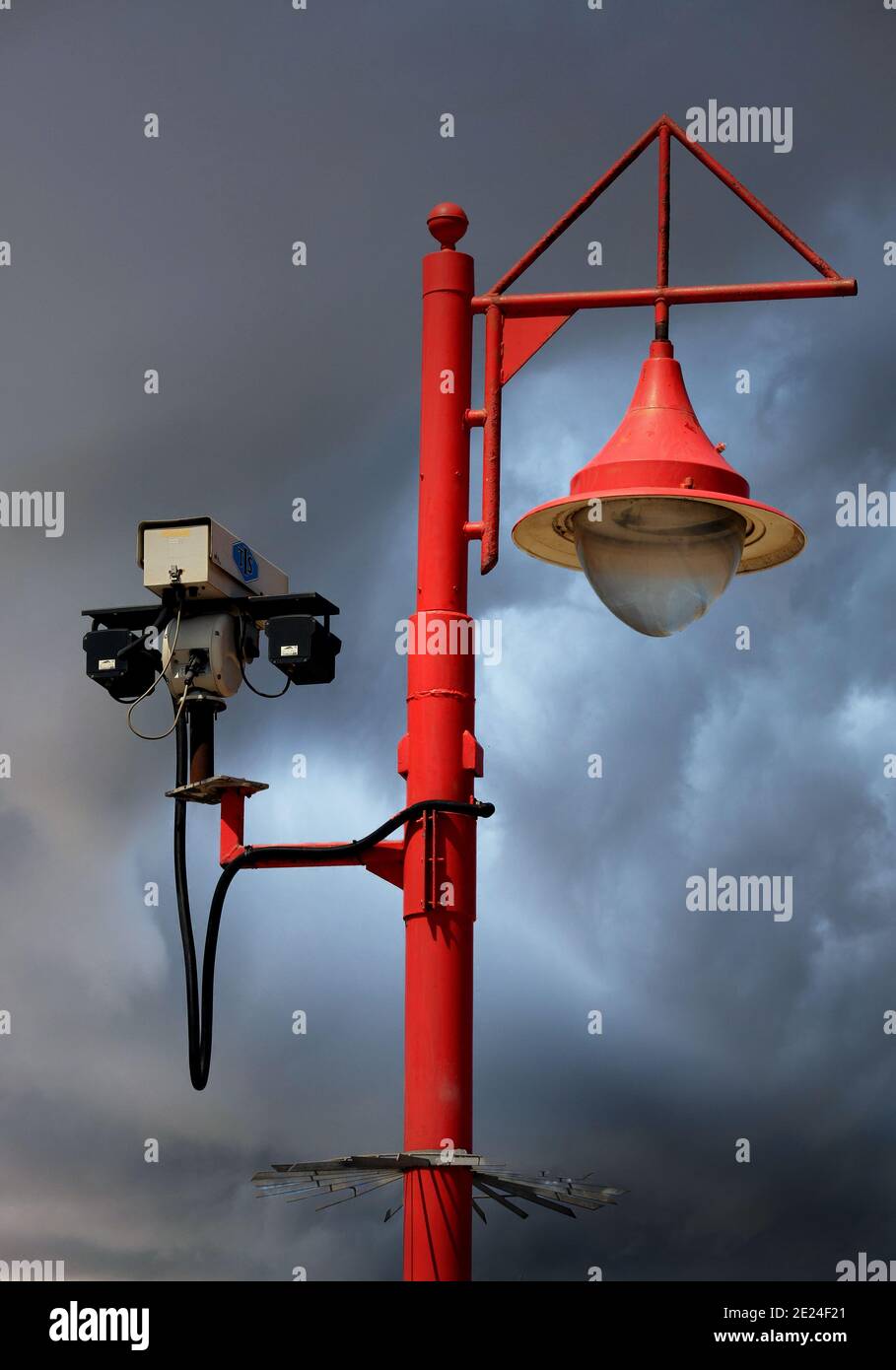 Modern town street lighting with CCTV security sytem with IR lights on same post. Stock Photo