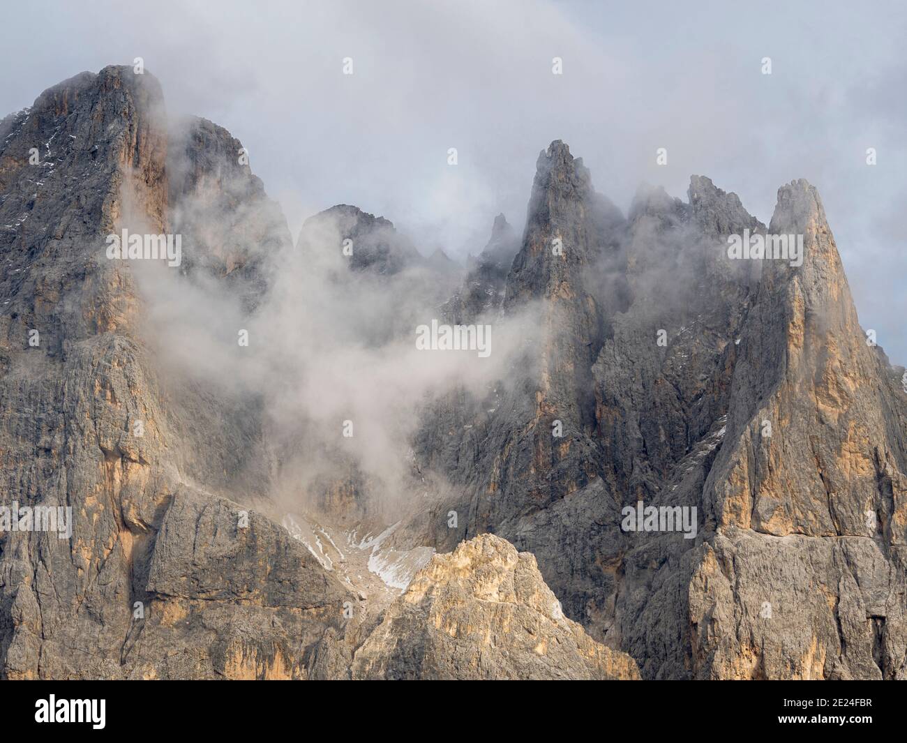 Peaks towering over  Val Venegia seen from Passo Costazza.  Pala mountain range (Pale di San Martino) in the dolomites of Trentino. Pala is part of th Stock Photo