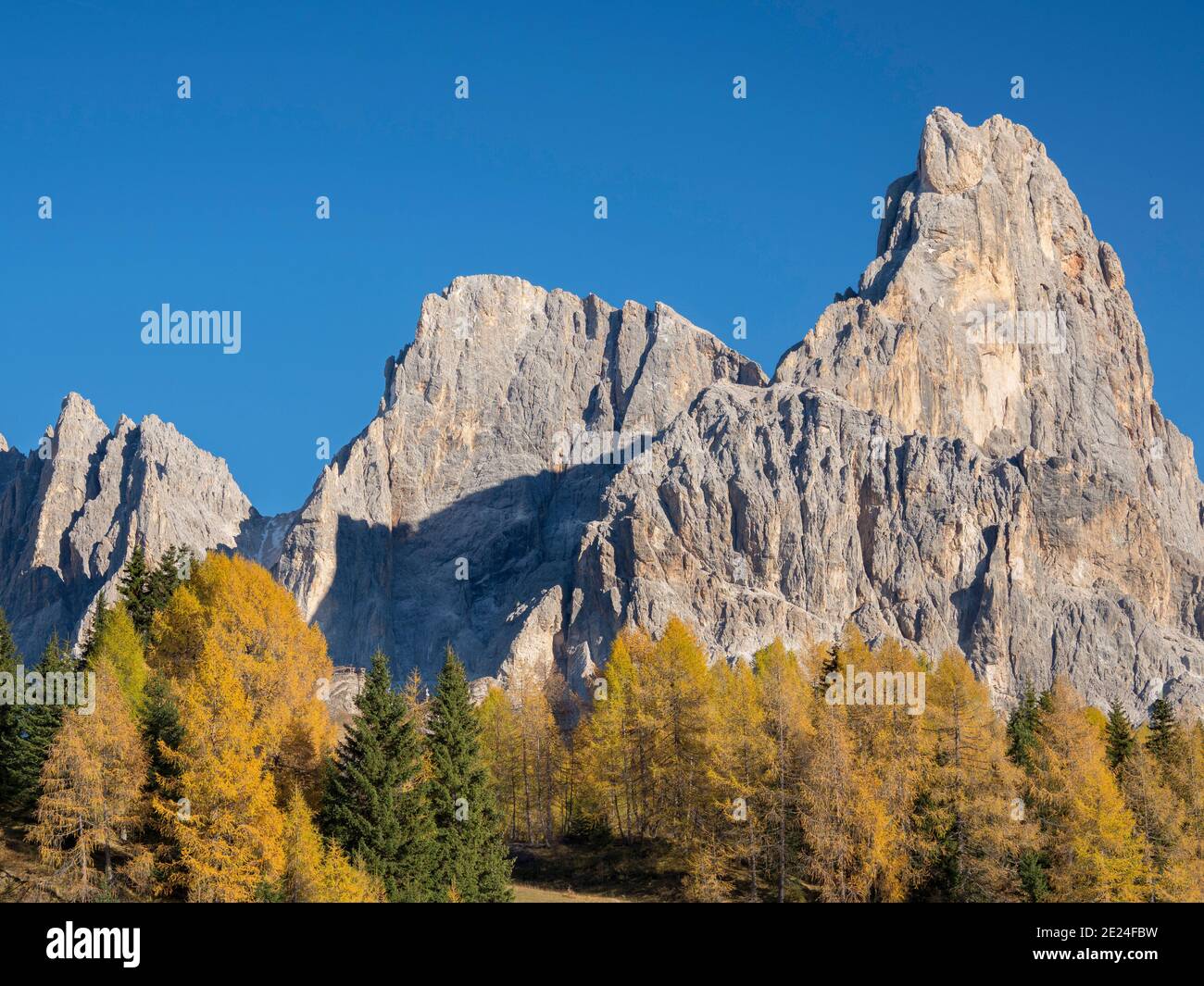 Cimon Della Pala and Cima della Vezzana.  Peaks towering over  Val Venegia seen from Passo Rolle.  Pala mountain range (Pale di San Martino) in the do Stock Photo