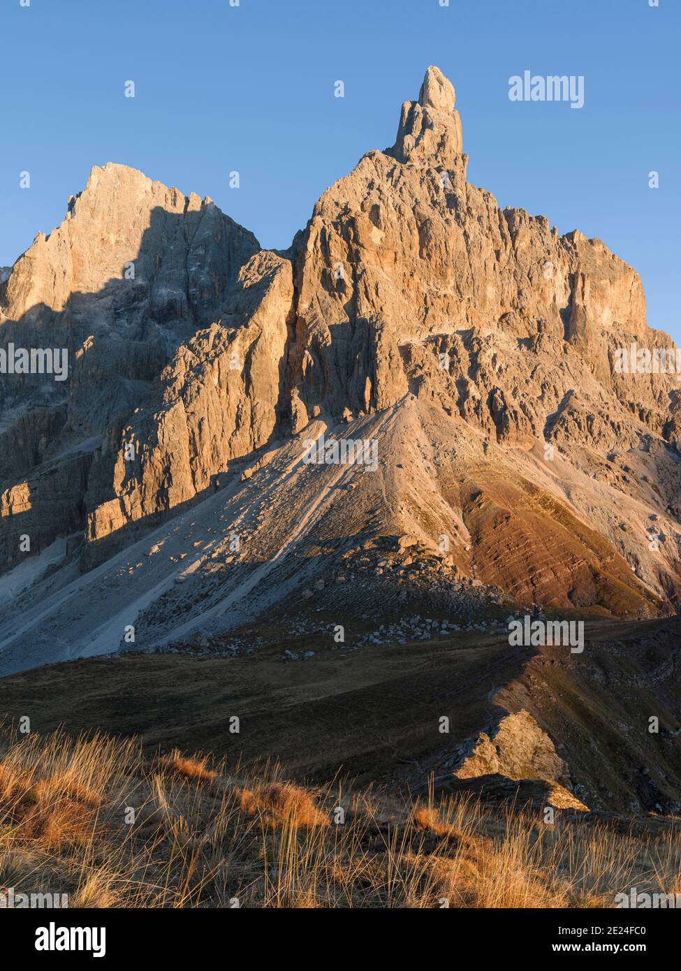 Cimon Della Pala and Cima della Vezzana. Peaks towering over  Val Venegia seen from Passo Costazza.  Pala mountain range (Pale di San Martino) in the Stock Photo