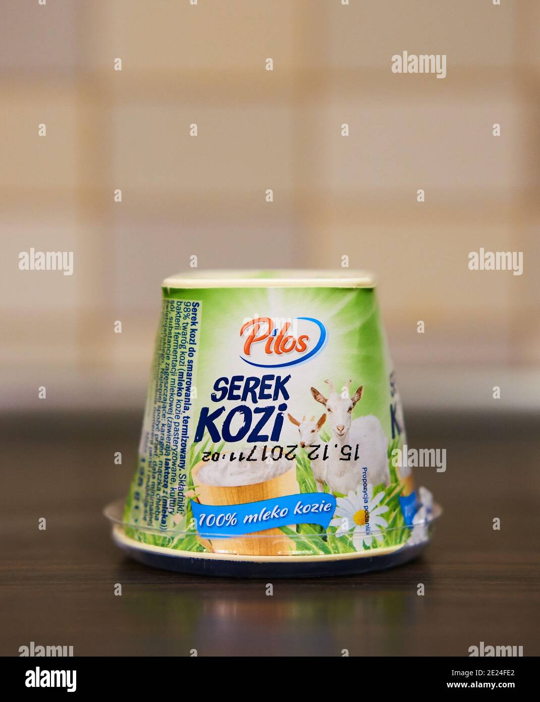 POZNAN, POLAND - Pilos Stock wooden on table 06, cheese Oct Alamy a brand Lidl 2017: - Photo goat