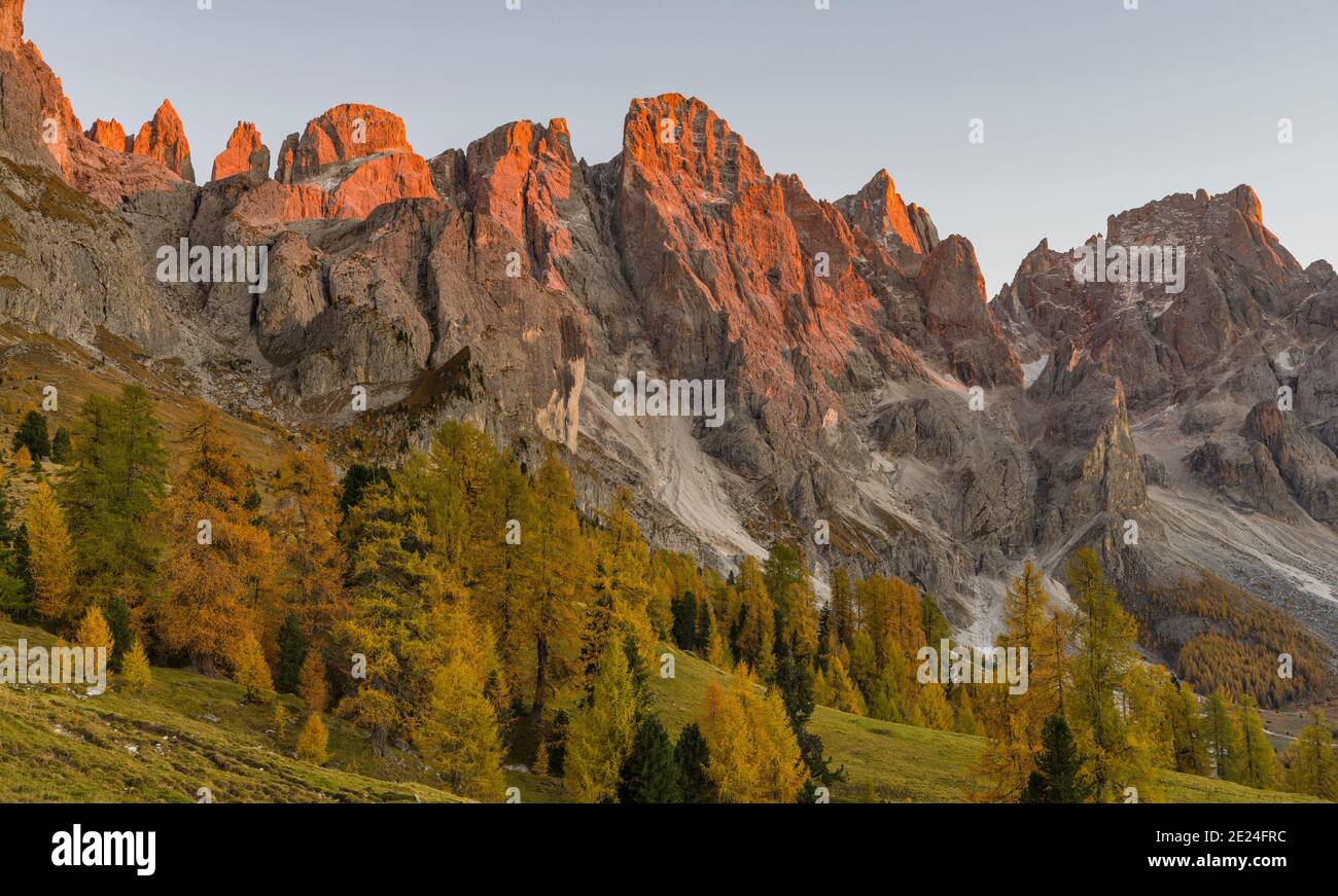 Cima dei Bureloni, cimon Della Pala, cima della Vezzana.  Peaks towering over  Val Venegia.  Pala mountain range (Pale di San Martino) in the dolomite Stock Photo