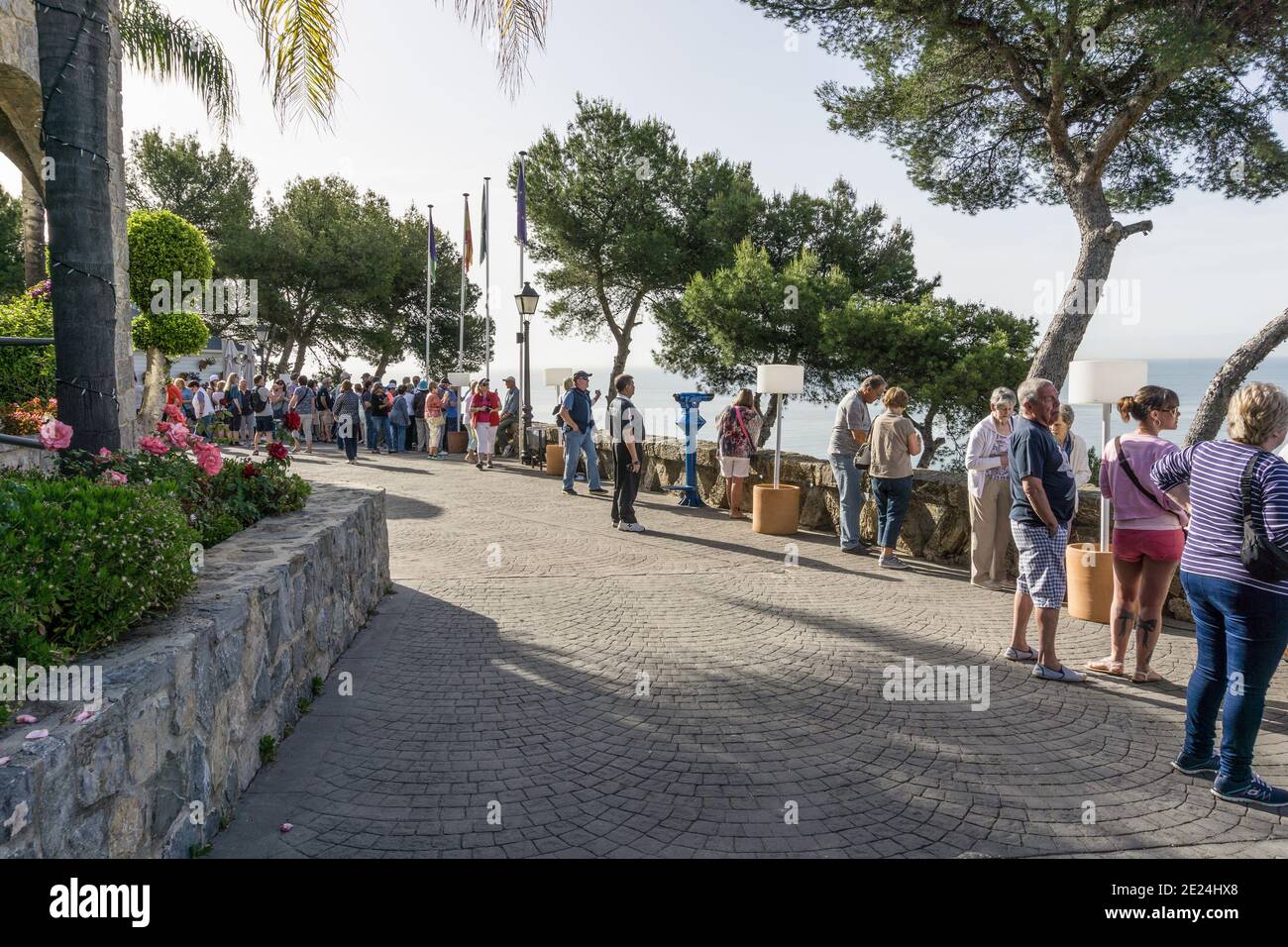 Visitors on the Gibralfaro viewpoint in summer, Malaga, Andalucia, Spain Stock Photo