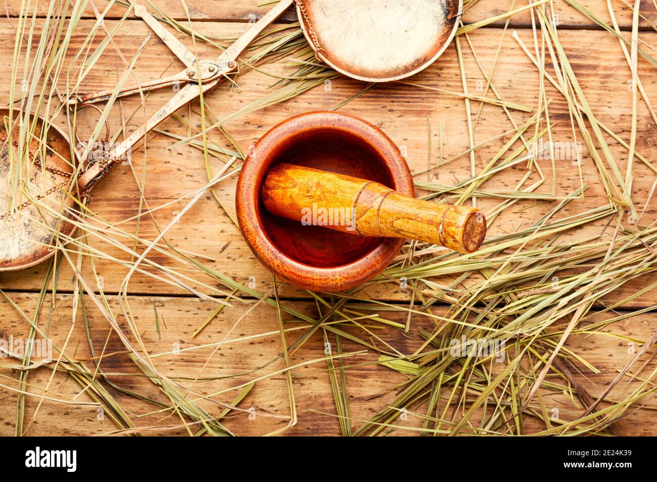 Mortar with medicinal herb sweetgrass or holy grass.Herbal medicine. Stock Photo